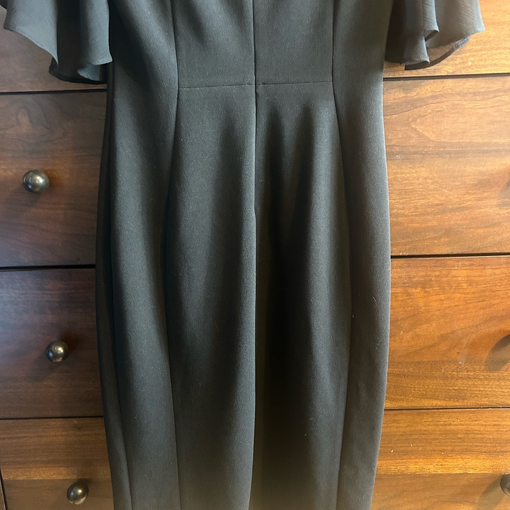 CALVIN KLEIN TIE NECK CHIFFON FLUTTER SLEEVE SHEATH DRESS, BLACK, SIZE 2 - Picture 11 of 12